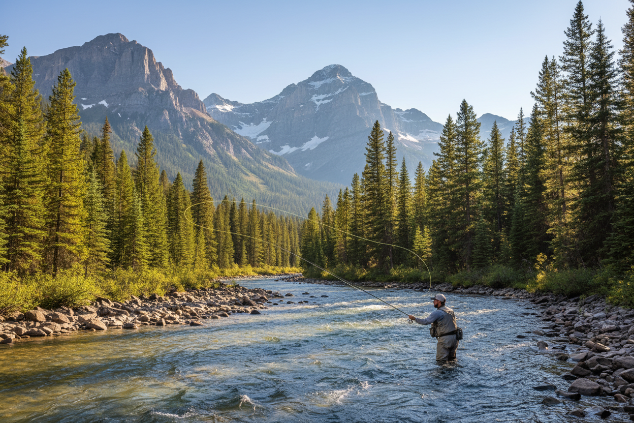 A guy taking a cast into the river in a mountain area 